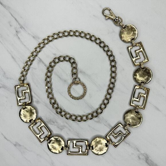 Vintage Gold Tone Greek Key Lion Head Medallion Chain Link Belt Small S Medium M main image 9